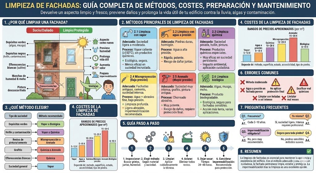 Limpieza de fachadas: guía completa de métodos, costes y mantenimiento